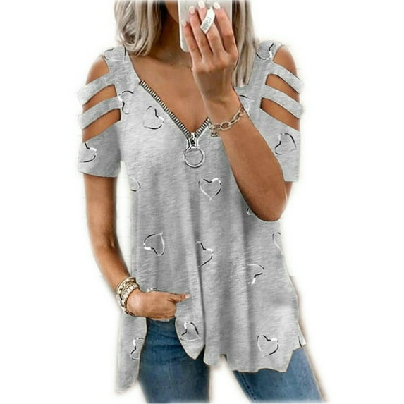 DYMADE Women Plus Size V-neck Zipper Printed Short Sleeve Loose Casual T-shirt Top