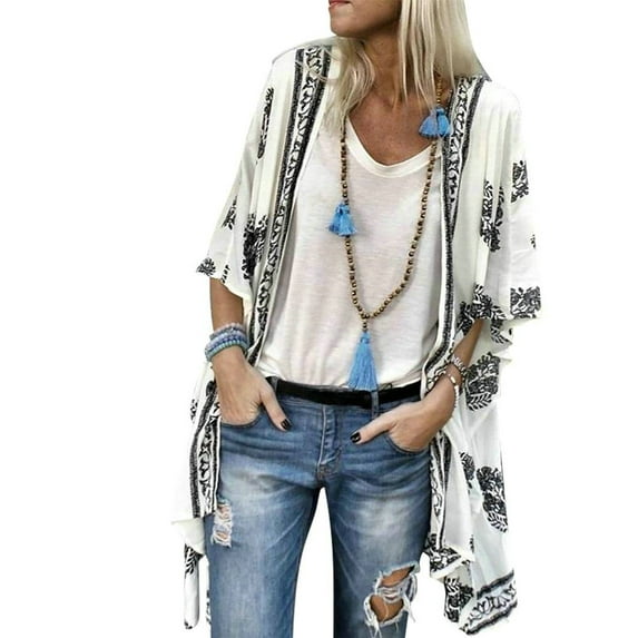 DYMADE Women Printed Holiday Casual Bohemian Half Sleeve Cardigan Coat