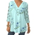 thumbnail image 1 of DYMADE Women Printed Lace Button V-Neck Loose 3/4 Sleeve Casual Shirt Top, 1 of 4
