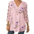 thumbnail image 1 of DYMADE Women Printed Lace Button V-Neck Loose 3/4 Sleeve Casual Shirt Top, 1 of 4