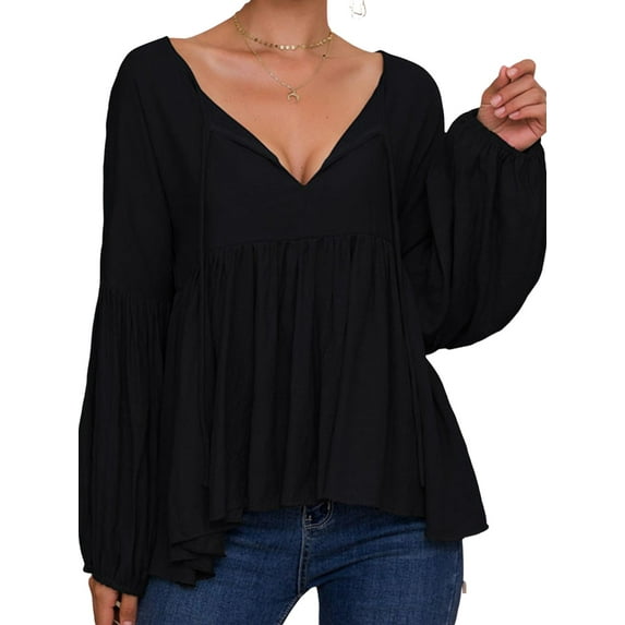 Cilcicy Women Puff Sleeve Solid Color V-neck Long Sleeve Blouse Loose Top