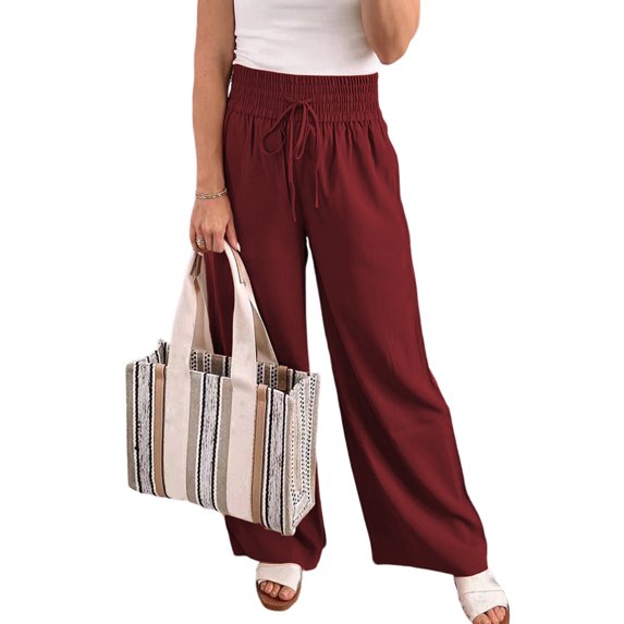 DYMADE Women Relaxed Casual Elastic Waist Solid Drawstring Wide Leg Pants
