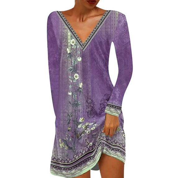 DYMADE Women Retro V-Neck Long Sleeve Casual Pullover T-Shirt Dress