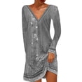 thumbnail image 1 of DYMADE Women Retro V-Neck Long Sleeve Casual Pullover T-Shirt Dress, 1 of 4