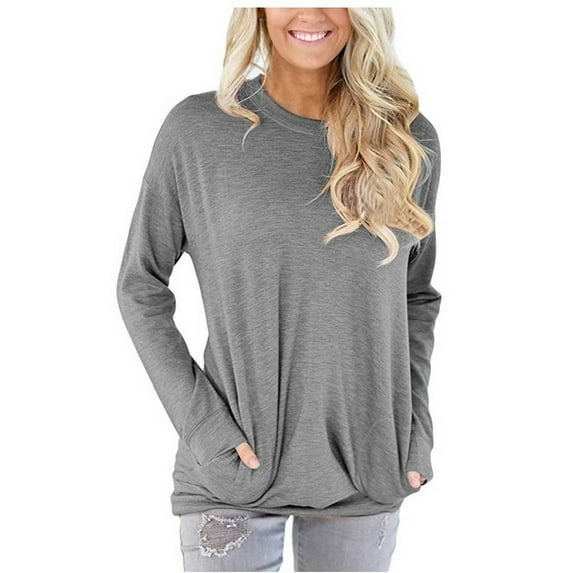 DYMADE Women Round Neck Long Sleeve Solid Loose Pocket T-shirt