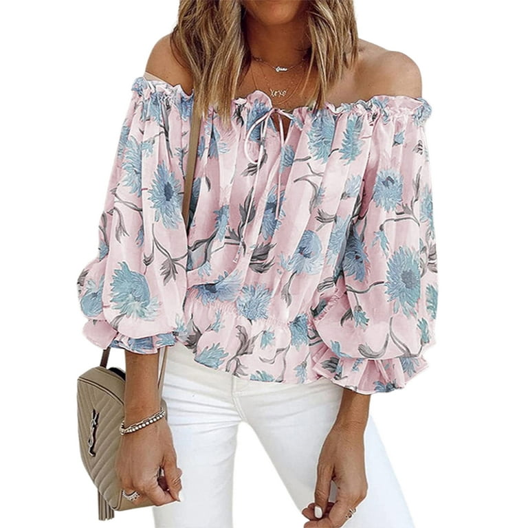 Chiffon Print Off Shoulder 3/4 Sleeve Blouses Chiffon Print Off Shoulder 3/4 Sleeve Blouses
