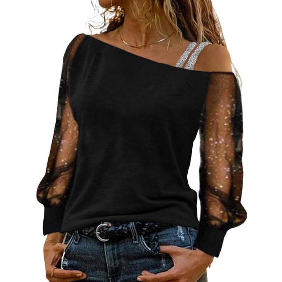 DYMADE Women Sexy Plus Size Cold Shoulder Slash Neck Mesh Long Sleeve Slim T-shirt