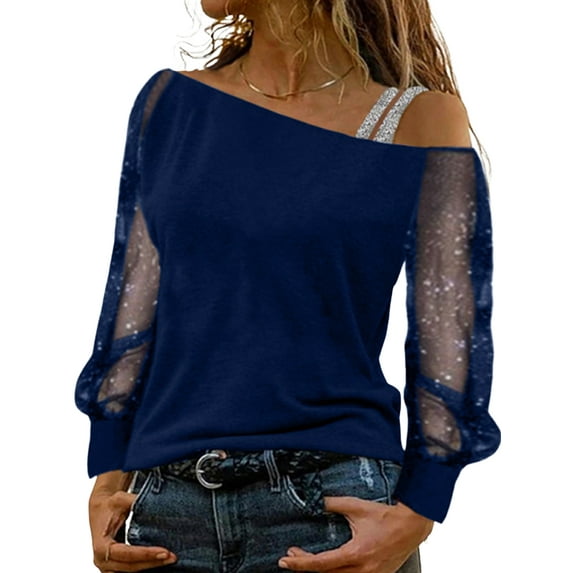 DYMADE Women Sexy Plus Size Cold Shoulder Slash Neck Mesh Long Sleeve Slim T-shirt