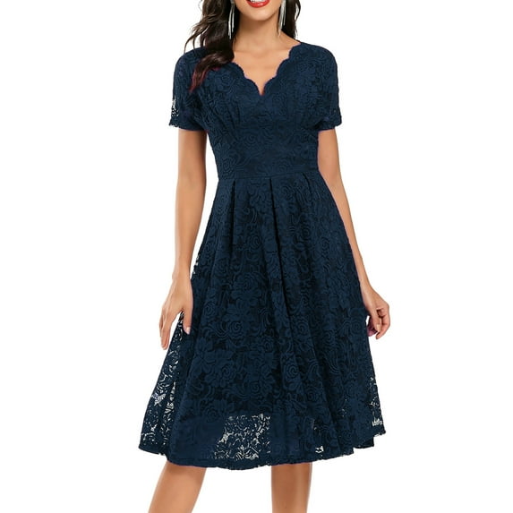 DYMADE Women Short Sleeve Lace V-Neck Midi Length Elegant A-line Dress
