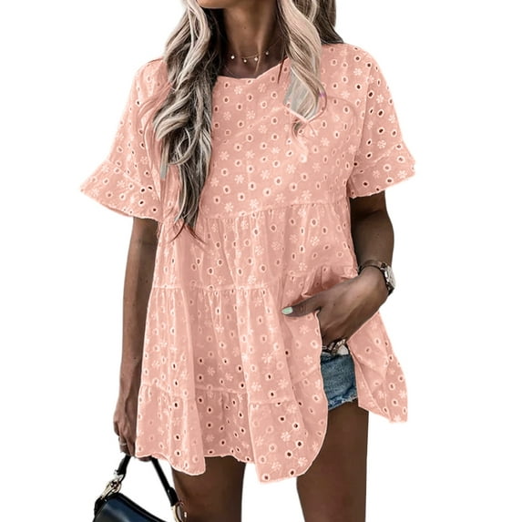 DYMADE Women Short Sleeve Round Neck Basic Casual Embroidery Blouse