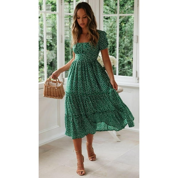 DYMADE Women Short Sleeve Summer Casual Midi Swing Dress