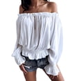 thumbnail image 1 of DYMADE Women Slash Neck Solid Color Ruffle Long Sleeve Top, 1 of 4