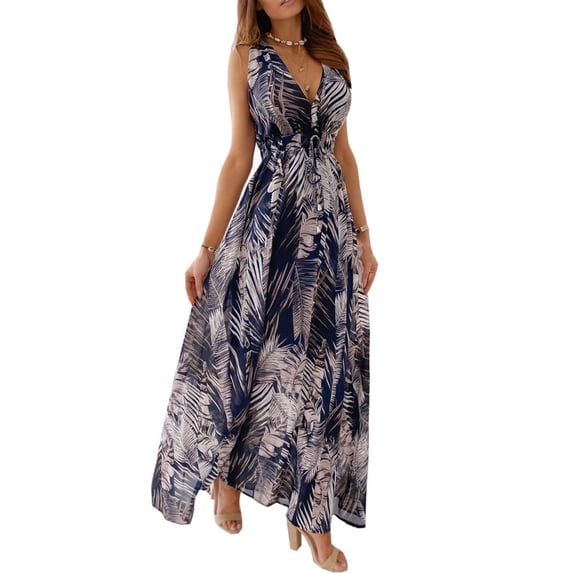 DYMADE Women Sleeveless Floral Maxi Dress V Neck Empire Waist Female Long Dresses