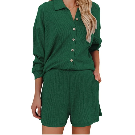DYMADE Women Solid Color Knit Fabric Buttons Lapel Casual Housewear Elastic Suit