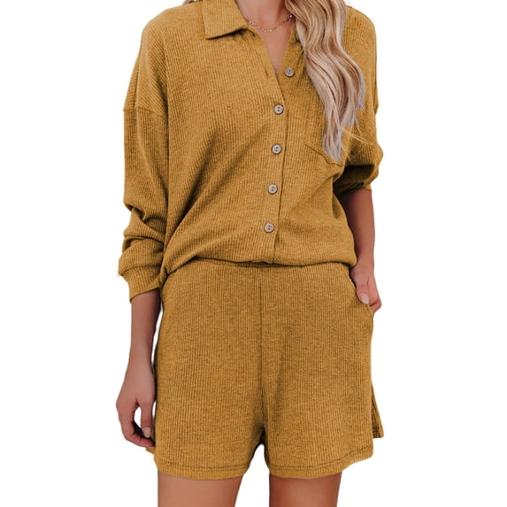 DYMADE Women Solid Color Knit Fabric Buttons Lapel Casual Housewear Elastic Suit