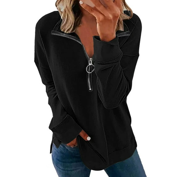 DYMADE Women Solid Color Lapel Zipper Long Sleeve Pullover Casual Top