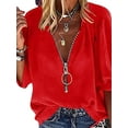 thumbnail image 1 of DYMADE Women Solid Color Long Sleeve V-neck Zipper Blouse, 1 of 4