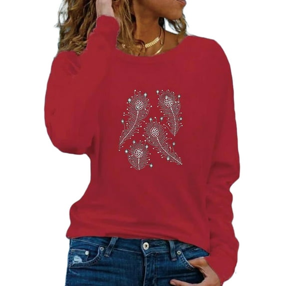 DYMADE Women Solid Color Printed Long Sleeve Round Neck Top Loose Casual T-shirt
