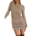 thumbnail image 1 of DYMADE Women Solid Color Round Neck Long Sleeve Tight Drawstring Sexy Dress, 1 of 4