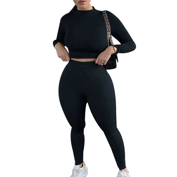 DYMADE Women Solid Color Slim Long Sleeve Top And Pants Sports 2PCs Suit