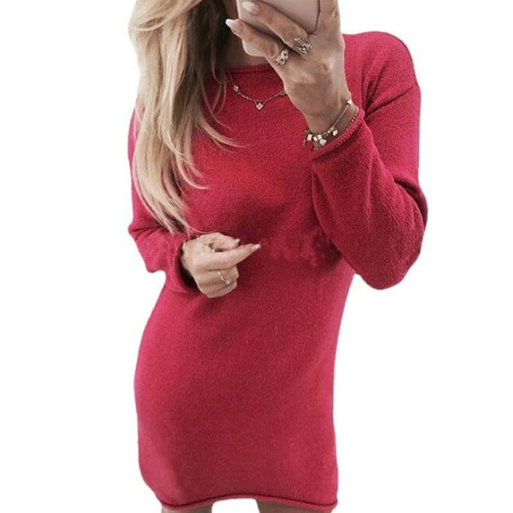 DYMADE Women Solid Crew Neck Long Sleeve Brushed Elegant Dress