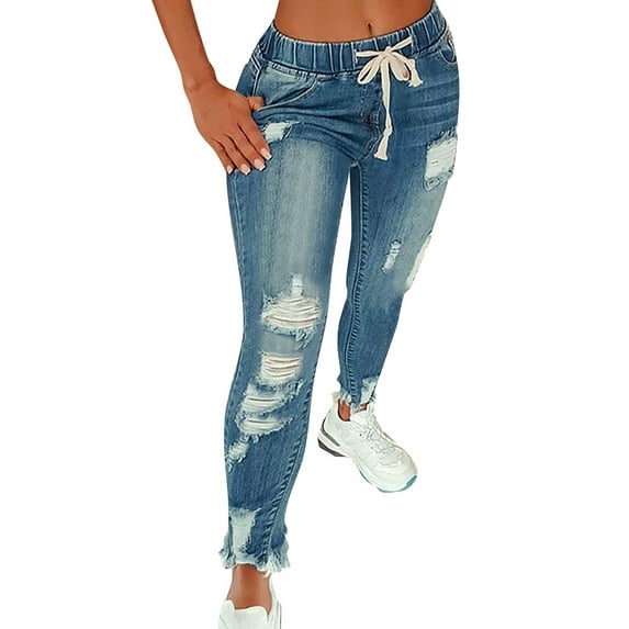 DYMADE Women Solid Drawstring Slim Slash Pocket Distressed Chino Jeans