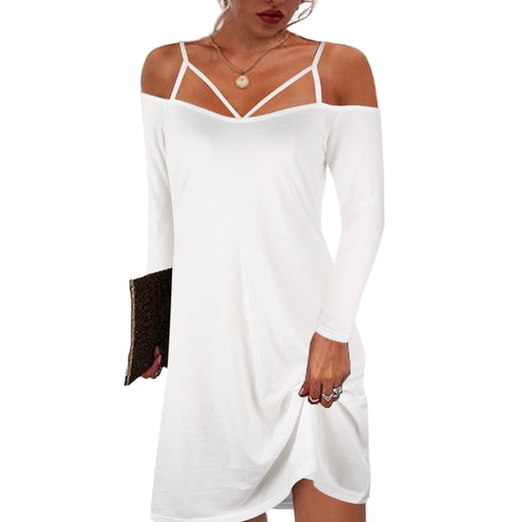DYMADE Women Solid Suspender Cold Shoulder Sleeve Elegant Dress