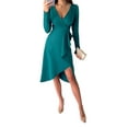 thumbnail image 1 of DYMADE Women Solid V-Neck Ruffle Irregular Long Sleeve Elegant Midi Length Dress, 1 of 4