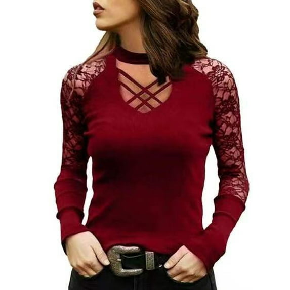DYMADE Women Solid V-neck Splice Lace Long Sleeve T-shirt