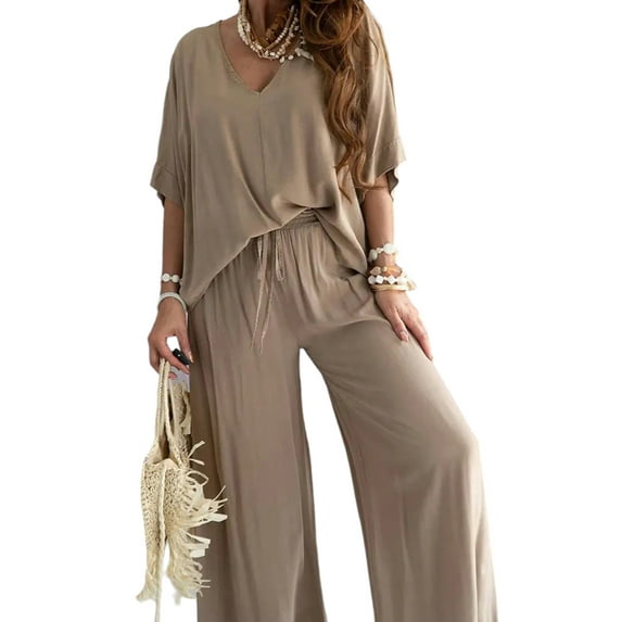 DYMADE Women Summer Breathable 2Pcs Sets Half Sleeve V-Neck T-Shirts Elastic Waist Pants