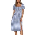 thumbnail image 1 of DYMADE Women Summer Casual Check Print Short Sleeve Square Neck Side Split A-Line Dresses, 1 of 4