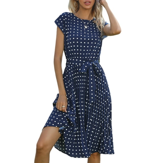 DYMADE Women Summer Floral Print Elastic Waist Short Sleeve Belted Midi Length A-Line Dress,Sold by Tong Ling E-commerce CO.,LTD