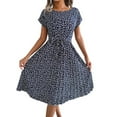 thumbnail image 1 of DYMADE Women Summer Floral Print Elastic Waist Short Sleeve Belted Midi Length A-Line Dress, 1 of 4