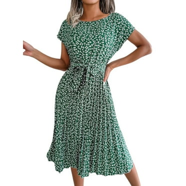 DYMADE Women Summer Floral Print Elastic Waist Short Sleeve Belted Midi Length A-Line Dress