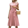 thumbnail image 1 of DYMADE Women Summer Floral Print Elastic Waist Short Sleeve Belted Midi Length A-Line Dress, 1 of 2