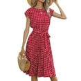 thumbnail image 1 of DYMADE Women Summer Floral Print Elastic Waist Short Sleeve Belted Midi Length A-Line Dress, 1 of 2