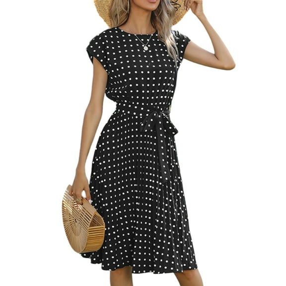 DYMADE Women Summer Floral Print Elastic Waist Short Sleeve Belted Midi Length A-Line Dress
