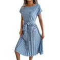 thumbnail image 1 of DYMADE Women Summer Floral Print Elastic Waist Short Sleeve Belted Midi Length A-Line Dress, 1 of 4