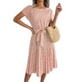 thumbnail image 1 of DYMADE Women Summer Floral Print Elastic Waist Short Sleeve Belted Midi Length A-Line Dress, 1 of 4