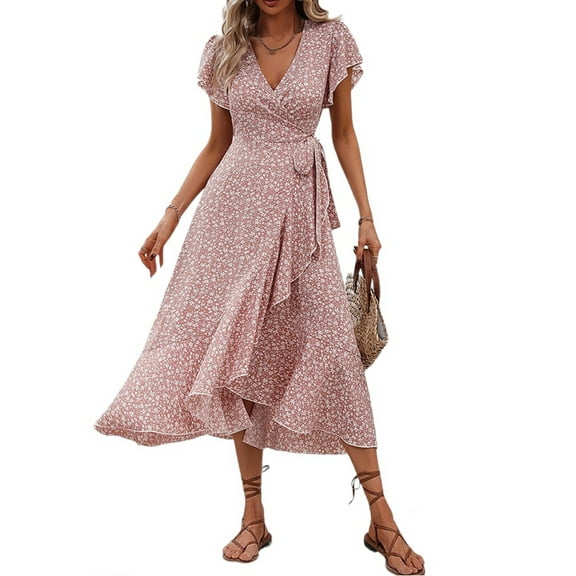 DYMADE Women Summer Floral Print V-Neck Short Sleeve Belted Ruffle Midi Length A-Line Dress
