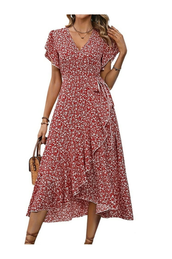 Women Summer Floral Print V-Neck Short Sleeve Belted Ruffle Midi Length A-Line Dress