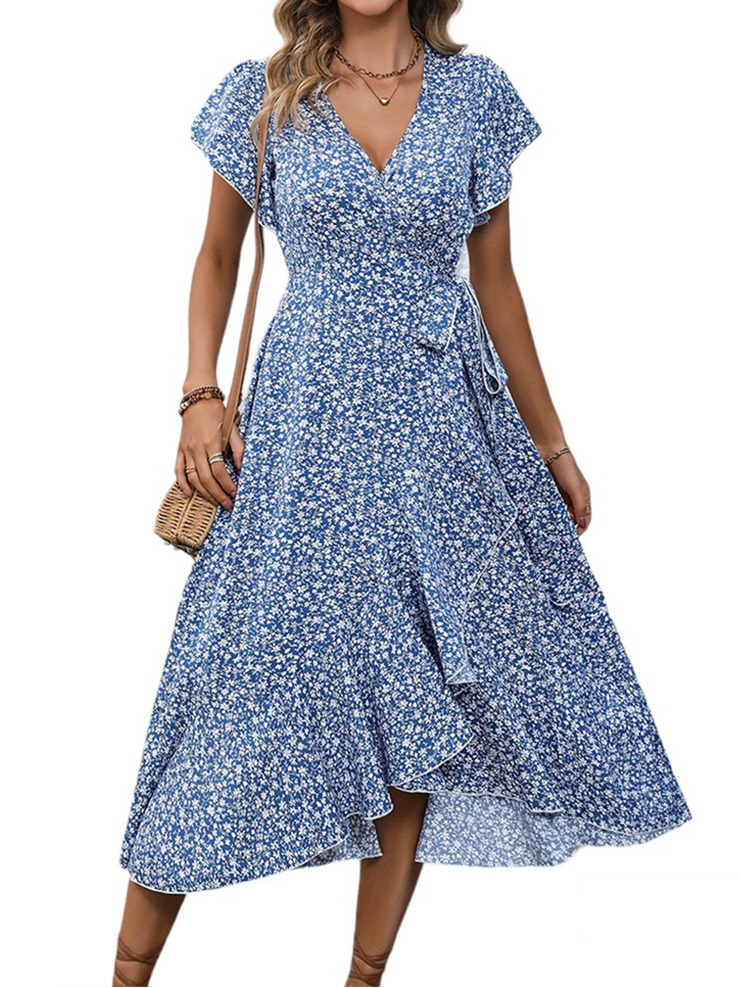 DYMADE Women Summer Floral Polka Dot Midi Dress V Neck Short Sleeve DYMADE Women Summer Floral Polka Dot Midi Dress V Neck Short Sleeve