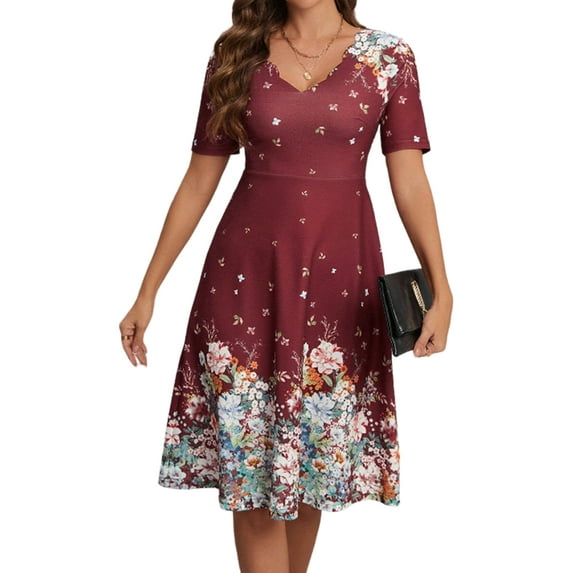 DYMADE Women Summer Floral Print V-Neck Short Sleeve Flared Fit Midi Length A-Line Dress