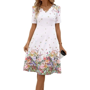 DYMADE Women Summer Floral Print V-Neck Short Sleeve Flared Fit Midi Length A-Line Dress