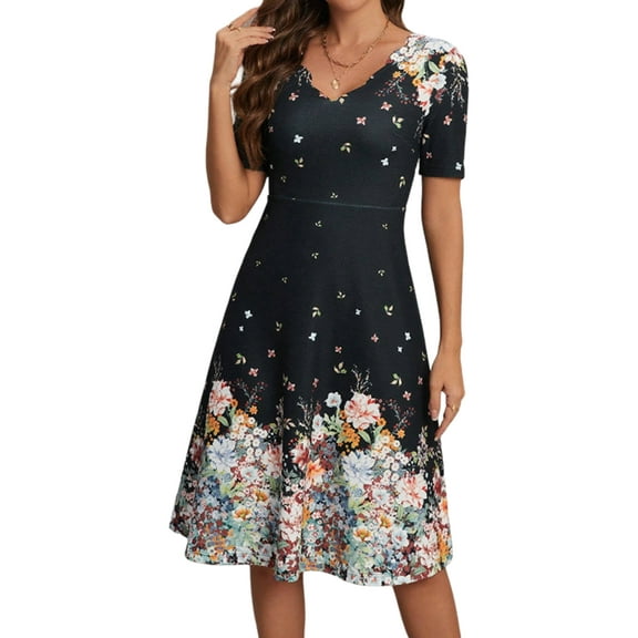 DYMADE Women Summer Floral Print V-Neck Short Sleeve Flared Fit Midi Length A-Line Dress