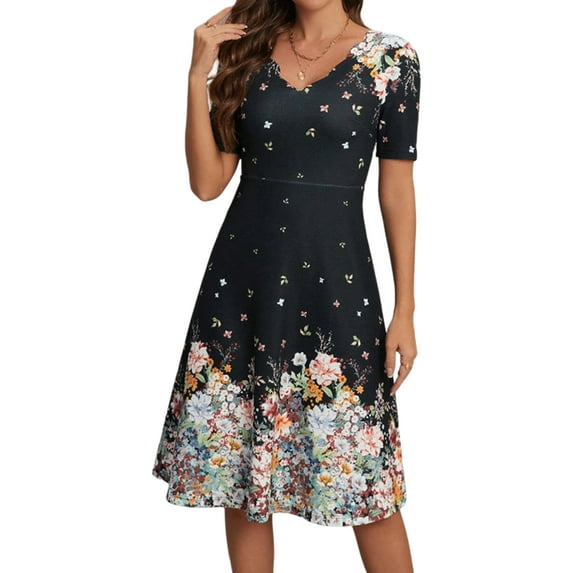 DYMADE Women Summer Floral Print V-Neck Short Sleeve Flared Fit Midi Length A-Line Dress