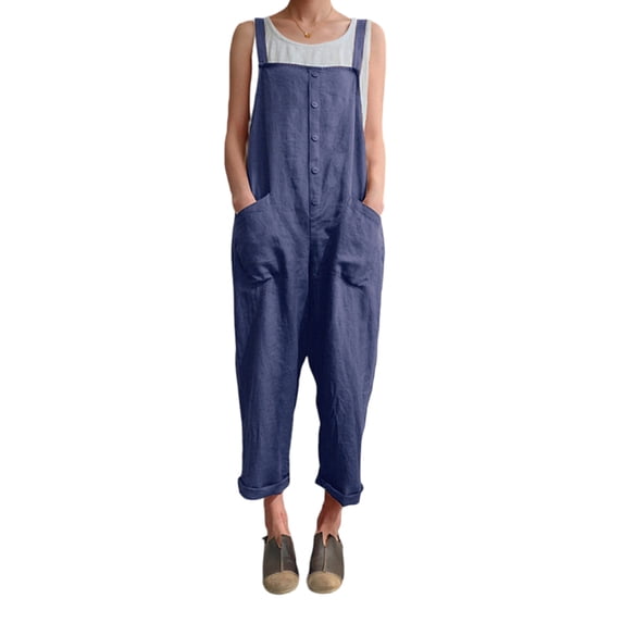 DYMADE Women Summer Linen Baggy Pullover Pockets Sleeveless Ankle-Length Jumpsuits