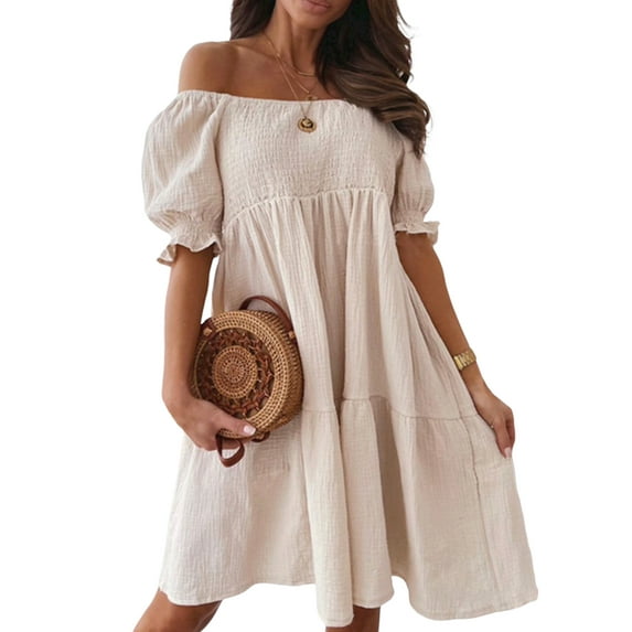 DYMADE Women Summer Sexy Off-The-Shoulder Solid Puff Short Sleeve Casual Surplice Peplum Dresses