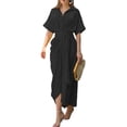 thumbnail image 1 of DYMADE Women Summer Solid Turn-down Collar Short Sleeve Loose Waist Pleated Belted Shirt Dress, 1 of 3
