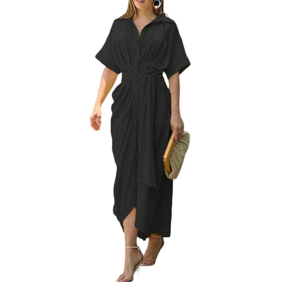 DYMADE Women Summer Solid Turn-down Collar Short Sleeve Loose Waist Pleated Belted Shirt Dress